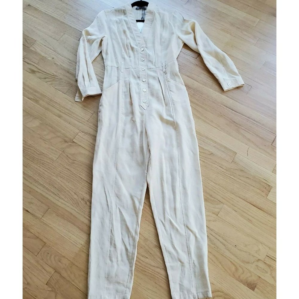 NEW ZARA Natural JUMPSUIT V neck Womans Size S  #C893 7385 311 052